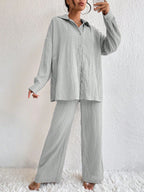 Women's Pleated Long Sleeve Lapel Two-Piece Set from FitiqueFit, featuring a loose top and matching pants in casualwear style.