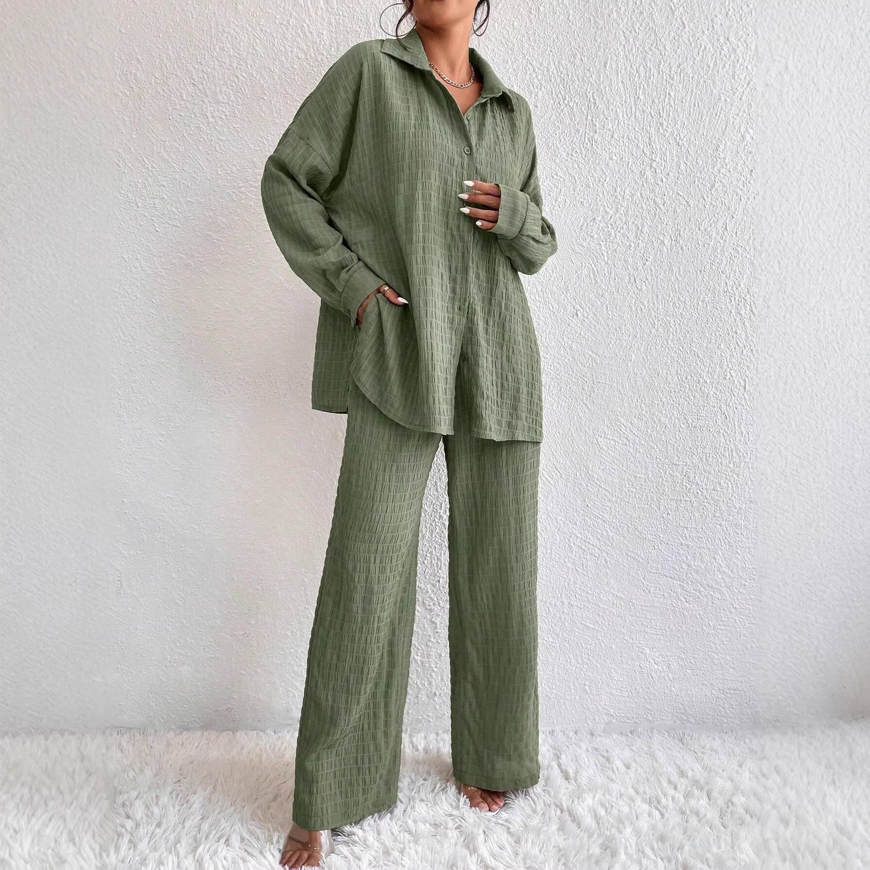 Women's pleated long sleeve lapel two-piece set by FitiqueFit, featuring a loose top and matching pants for casualwear.