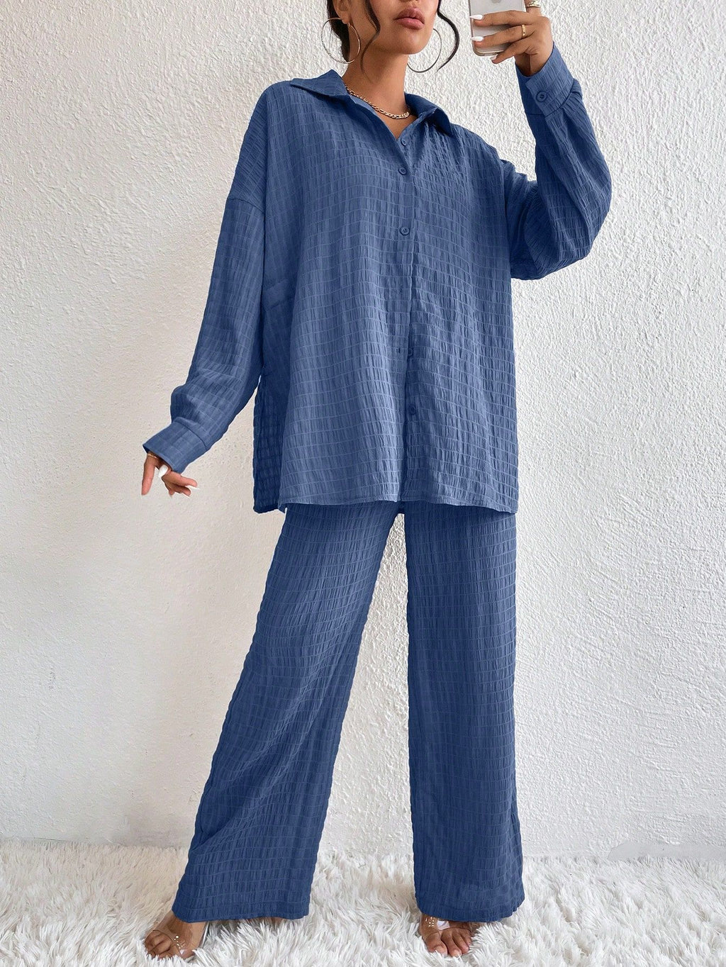 Women's pleated long sleeve lapel two-piece set by FitiqueFit, featuring a loose top and matching pants for casualwear.