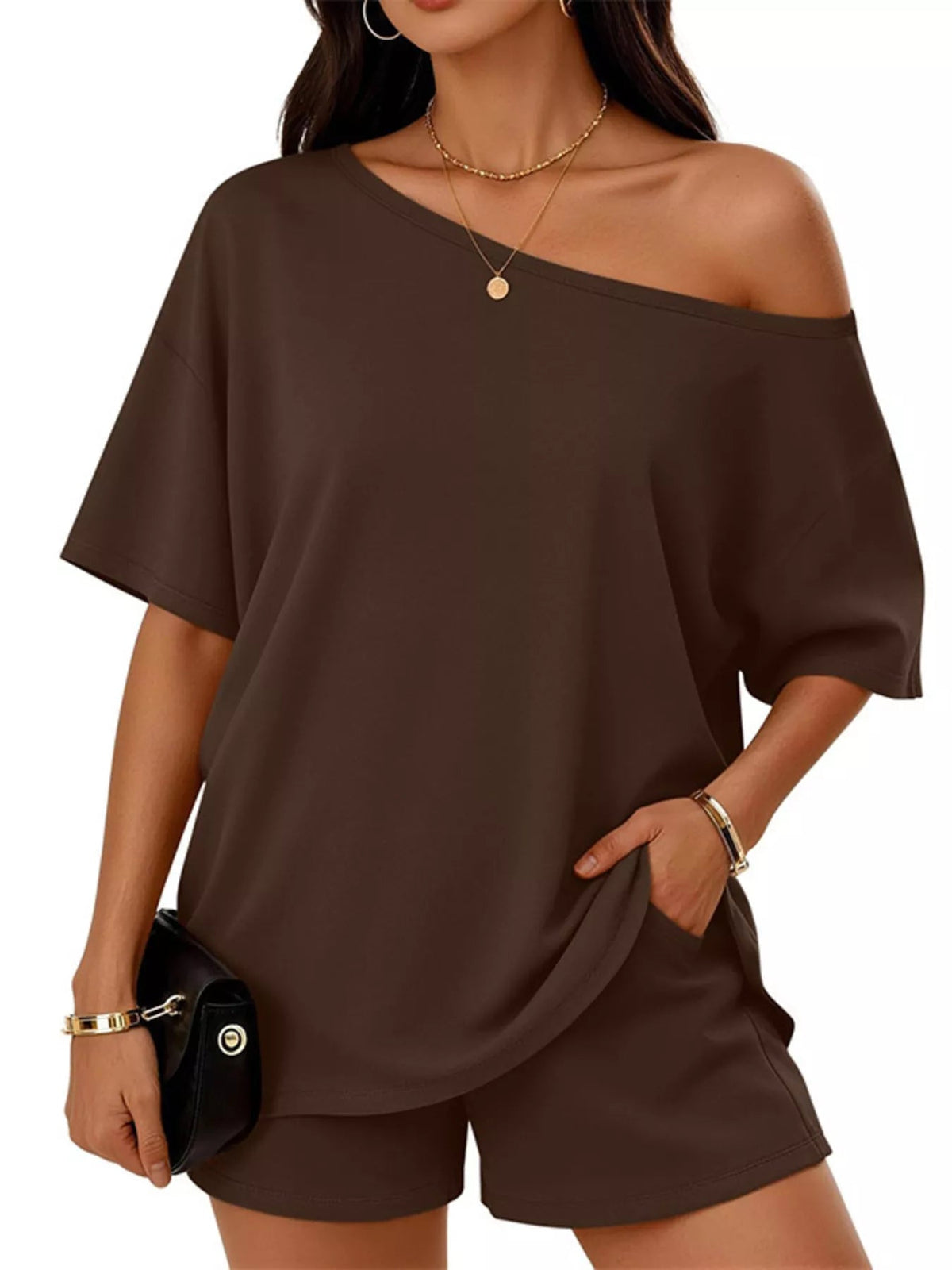 Plus size women's boat neck T-shirt and shorts lounge set by Plush Fashion Hub, casual comfortable clothing set for relaxed wear.