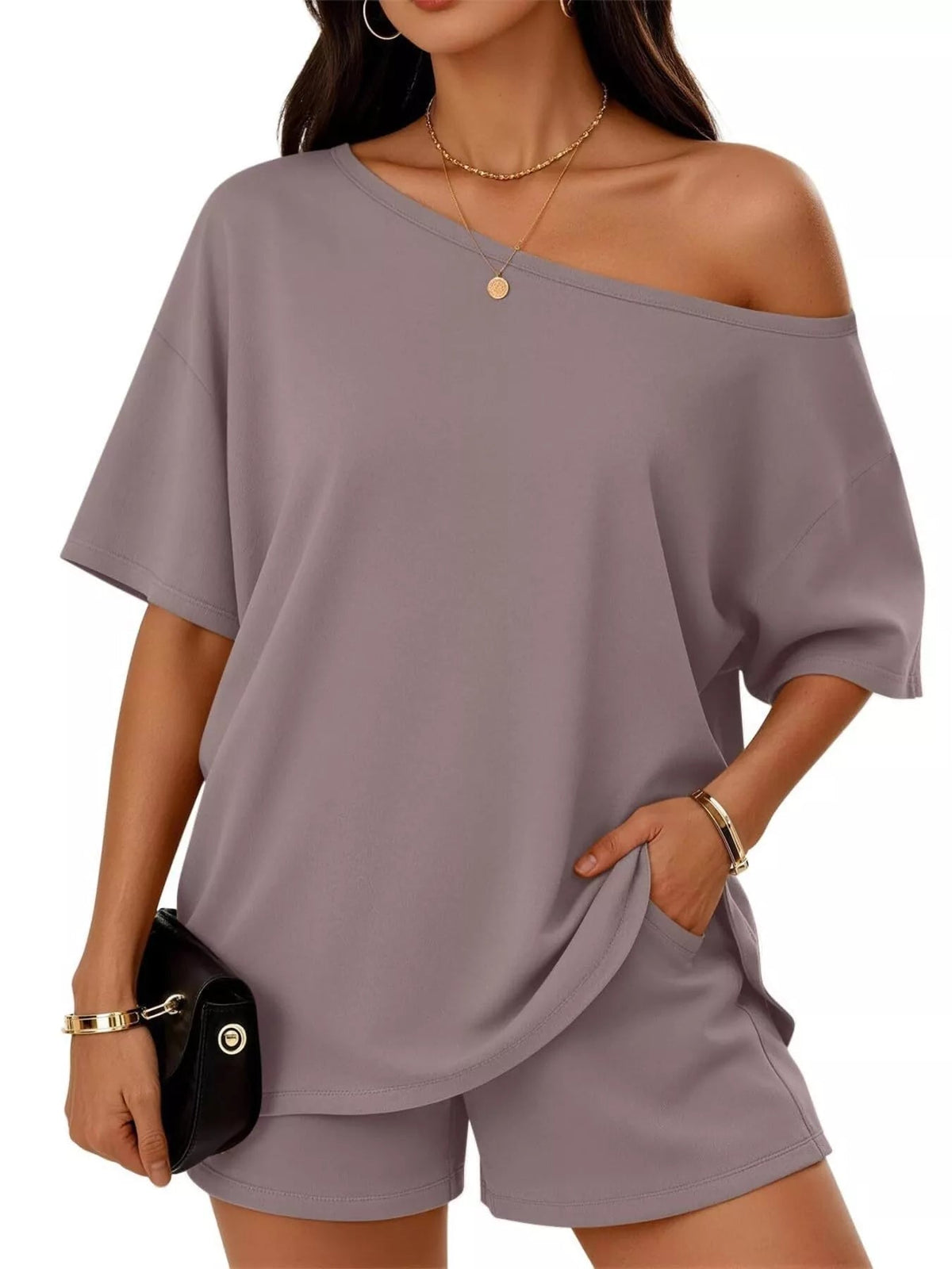 Plus size women's boat neck T-shirt and shorts lounge set by Plush Fashion Hub, casual comfortable clothing set for relaxed wear.