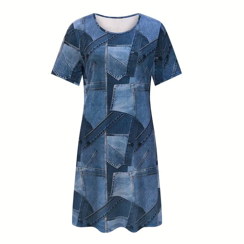 Plus size women's digital print denim-look short sleeve dress by FitiqueFit, casualwear with vibrant pattern and comfortable fit.