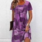 Plus size digital print denim-look short sleeve dress by FitiqueFit, casualwear for women, showing front view with vibrant pattern.