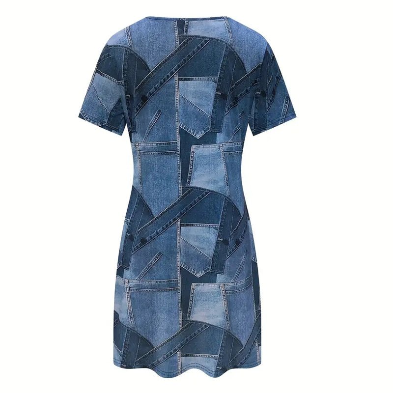 Plus size women's denim-look short sleeve dress with digital print, casualwear by FitiqueFit, shown on a model.
