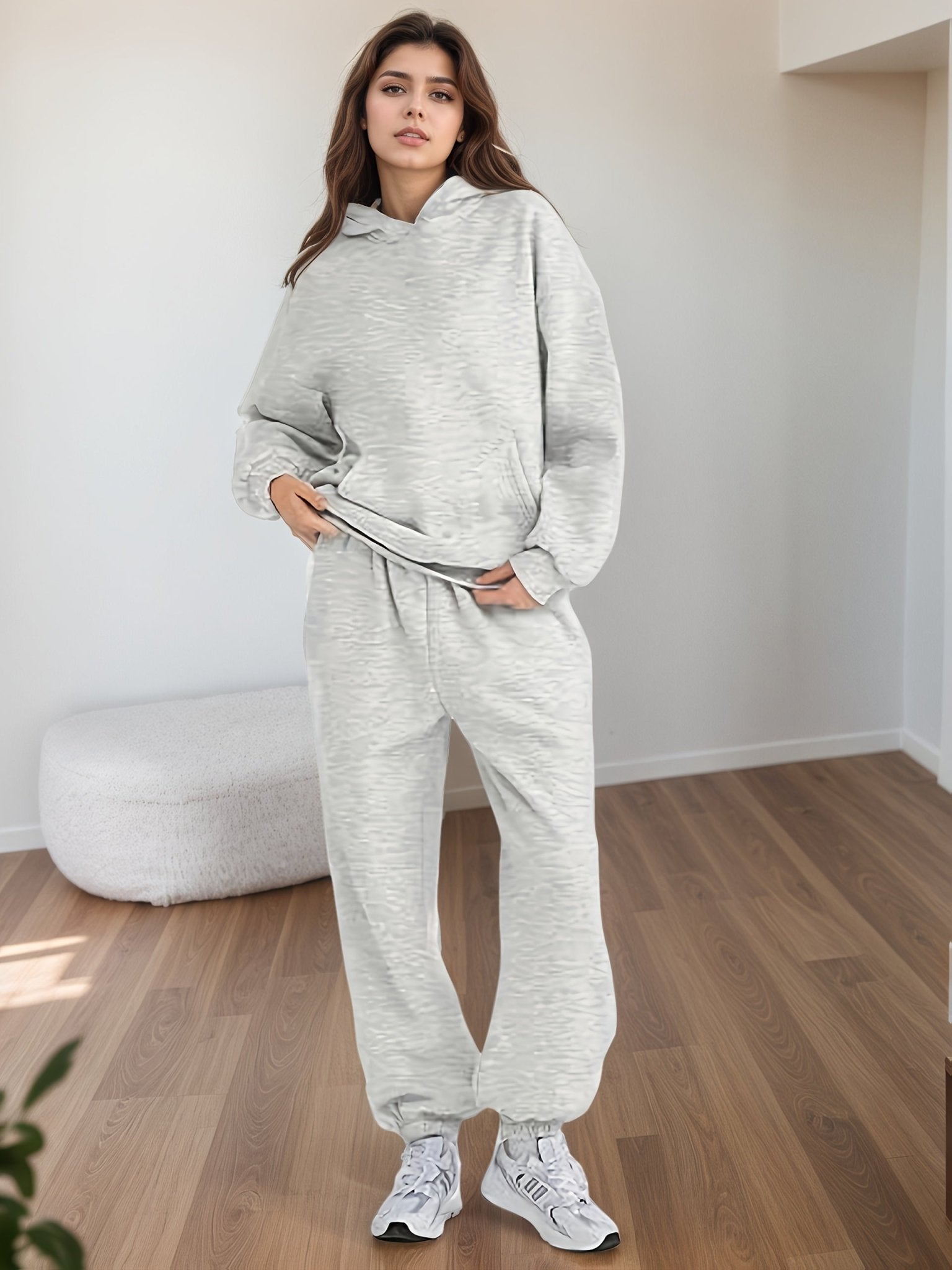 Plus size women's lounge set with oversized hoodie and baggy sweatpants from Plush Fashion Hub, casualwear for relaxed comfort.