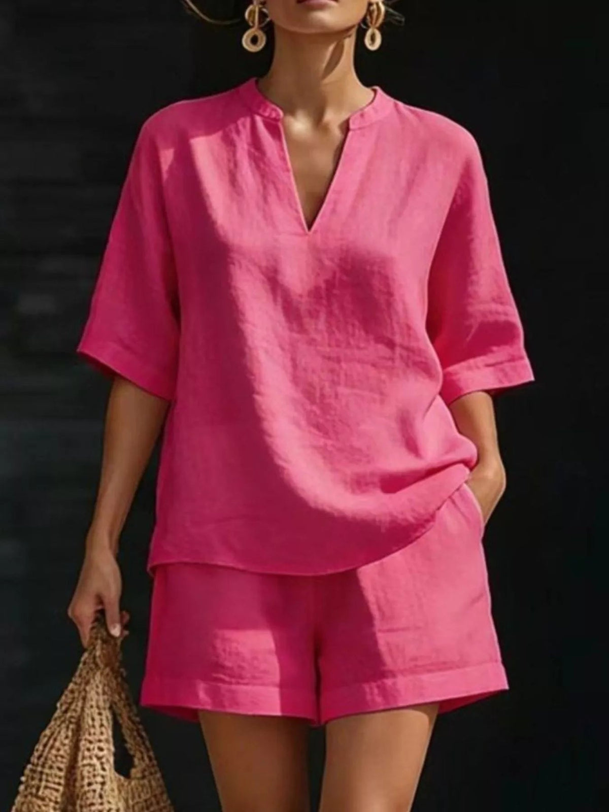 Plus size women's lounge set with notched collar half sleeve top and matching shorts by Plush Fashion Hub.