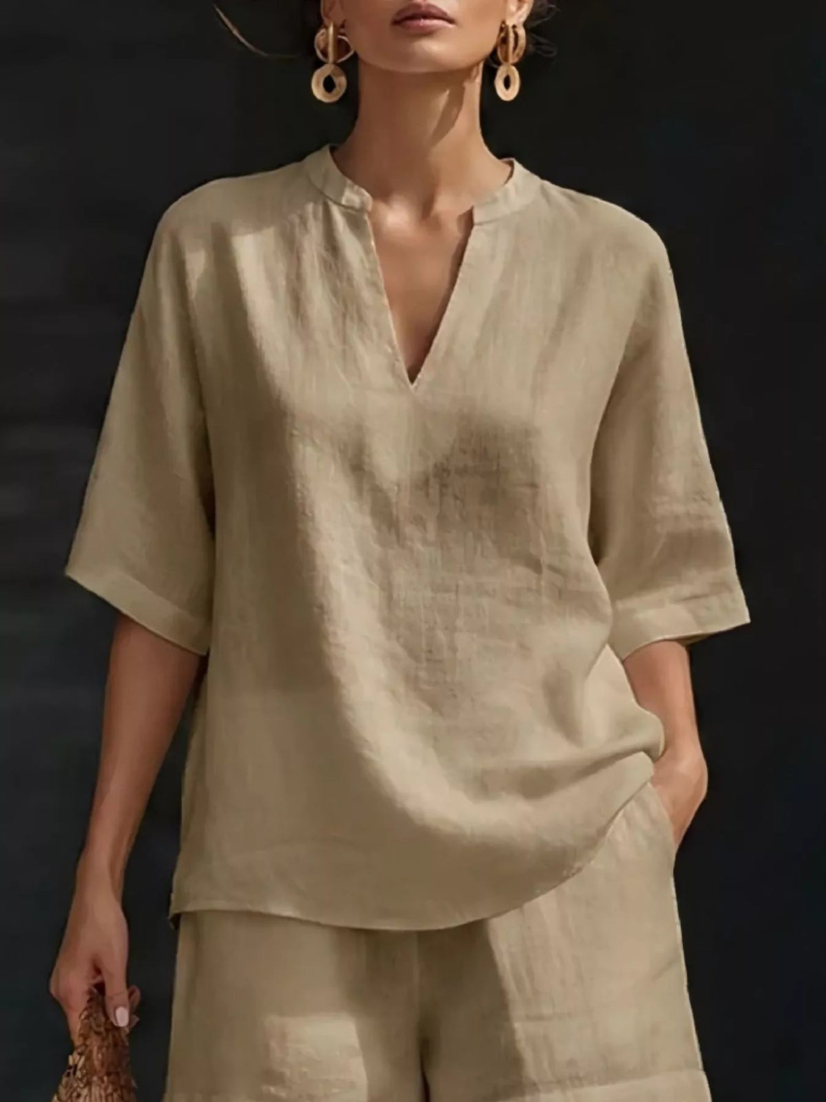 Plus size women's lounge set with notched collar half-sleeve top and matching shorts from Plush Fashion Hub.