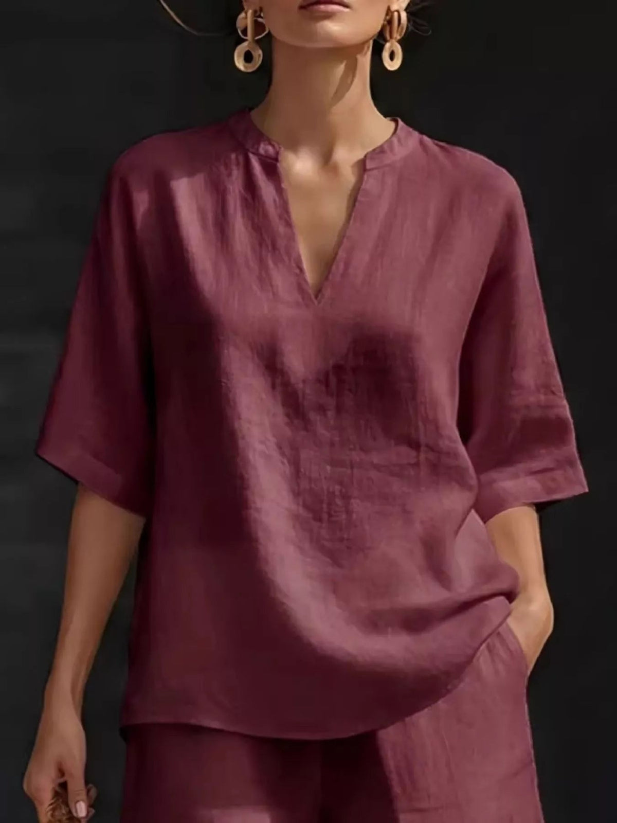 Plus size women's lounge set with notched collar half-sleeve top and shorts by Plush Fashion Hub, casual and comfortable clothing set.