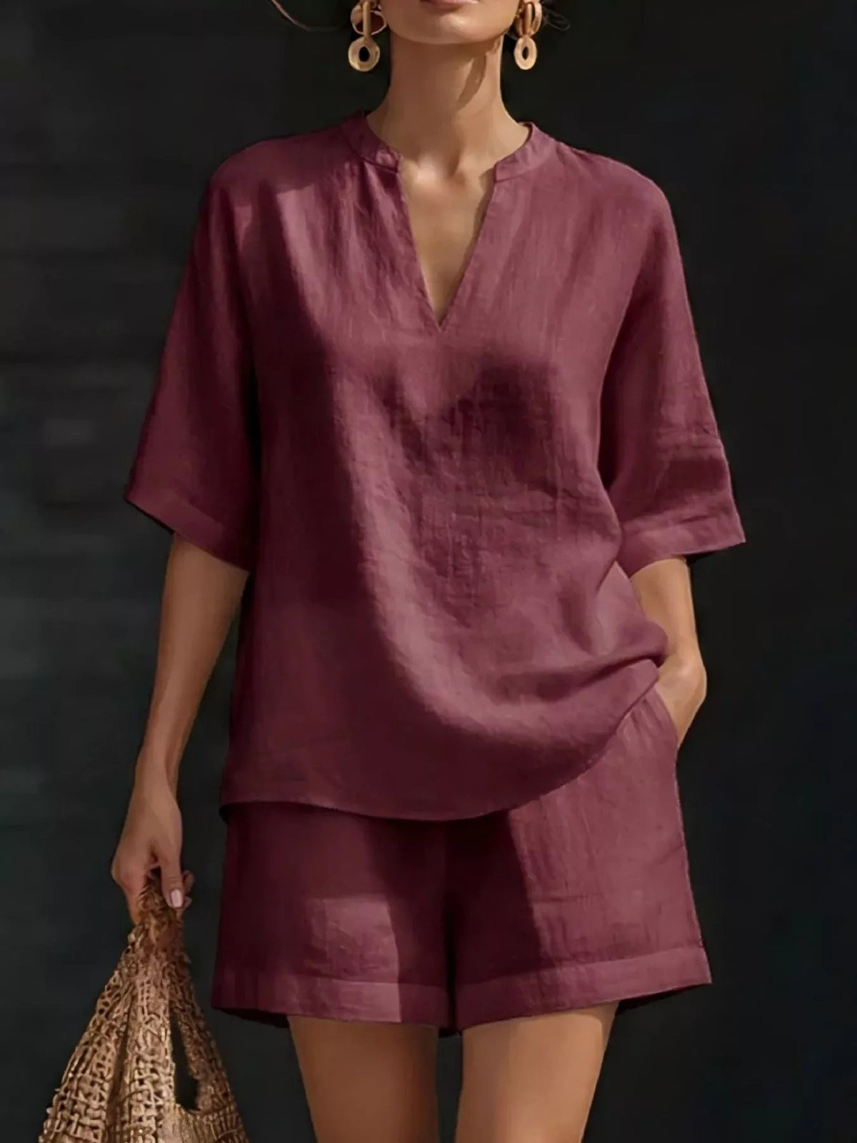 Plus size women's lounge set with notched collar half-sleeve top and matching shorts, stylish and comfortable clothing from Plush Fashion Hub.