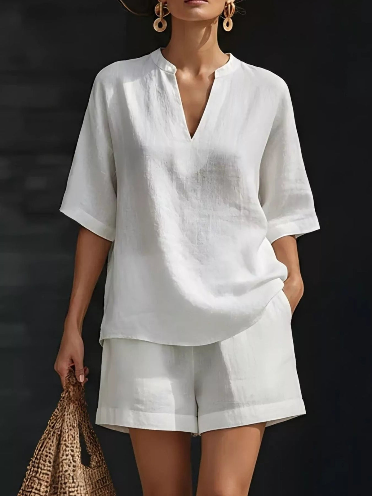 Plus size women's lounge set with notched collar half-sleeve top and matching shorts from Plush Fashion Hub.