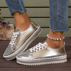 Women’s plus size white sneakers with chunky soles, casual everyday footwear by FitiqueFit, shown from side view.