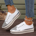 Plus size white sneakers for women by FitiqueFit with chunky soles, casual style, perfect for everyday wear.