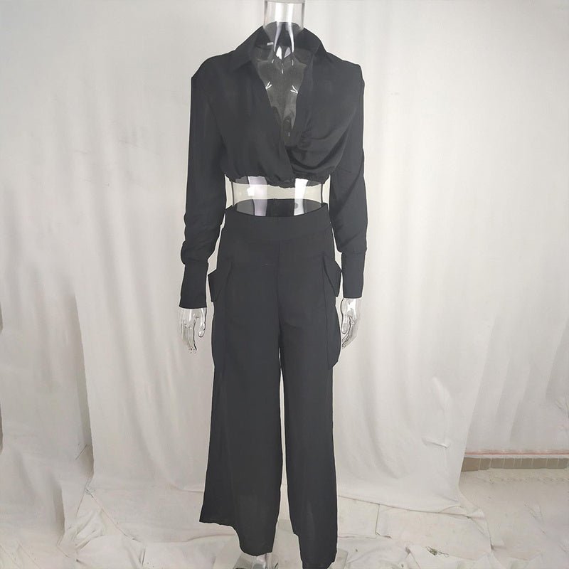 Plus size women's wide-leg elegant pant set by FitiqueFit, featuring a chic casualwear look with flowing wide-leg pants and a stylish top.