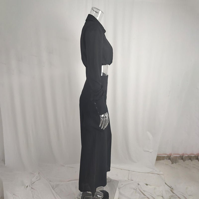 Plus size women's wide-leg elegant pant set by FitiqueFit, featuring a stylish casualwear look with flowing wide-leg trousers and a matching top.