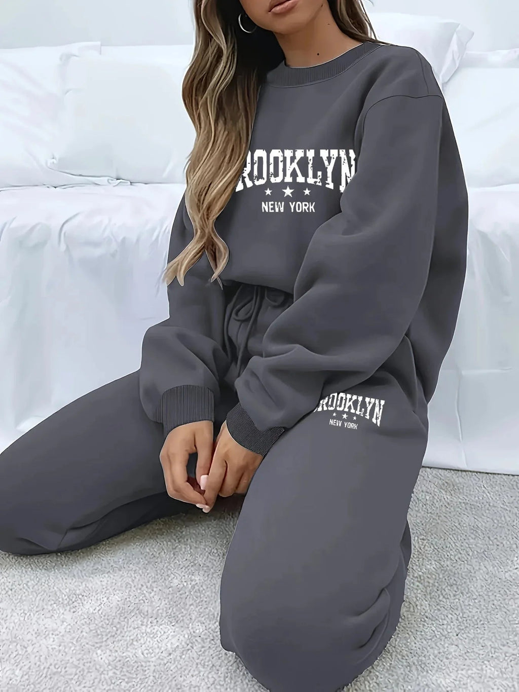 Women’s plush hoodie and pants sweater set by FitiqueFit, cozy winter tracksuit with soft fabric and relaxed fit.