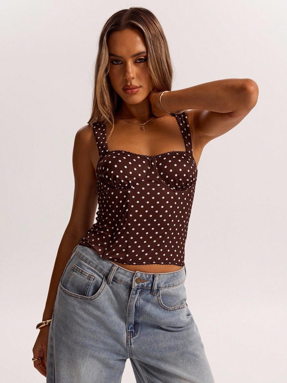 Women’s polka dot underwire camisole by FitiqueFit, casualwear top with adjustable straps, perfect for parties and date nights.
