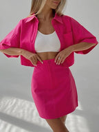 Women’s preppy three-quarter sleeve button top and mini skirt set by FitiqueFit, casualwear with a stylish, coordinated look.