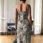 Women's printed backless slit sling dress by FitiqueFit, featuring casual style with a flowing design and open back.