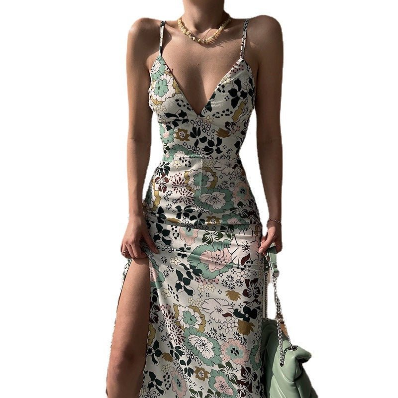 Women's printed backless slit sling dress by FitiqueFit, casualwear with a flowy silhouette and stylish open back design.