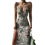 Women's printed backless slit sling dress by FitiqueFit, casualwear with a flowy silhouette and stylish open back design.
