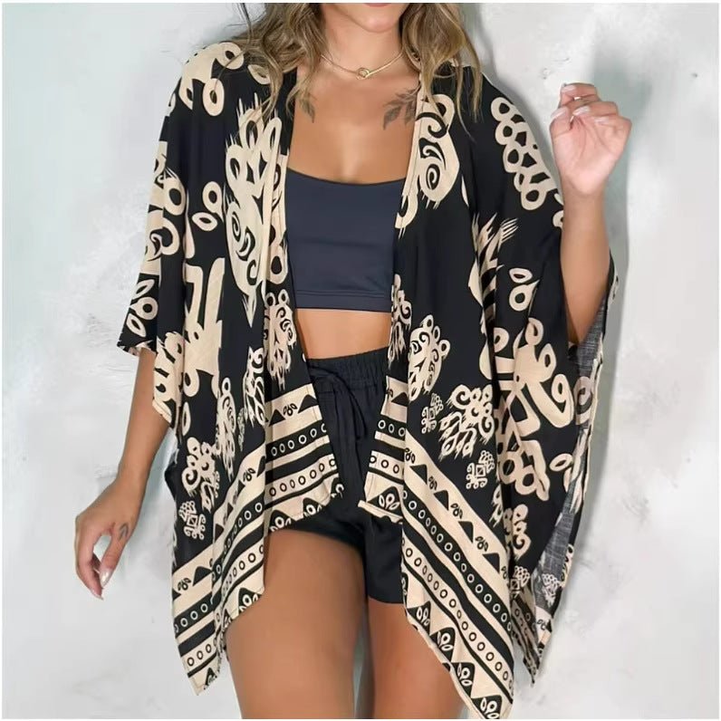 Women’s printed cardigan top with drop shoulder sleeves, casualwear by FitiqueFit, featuring a stylish, relaxed fit and vibrant print.