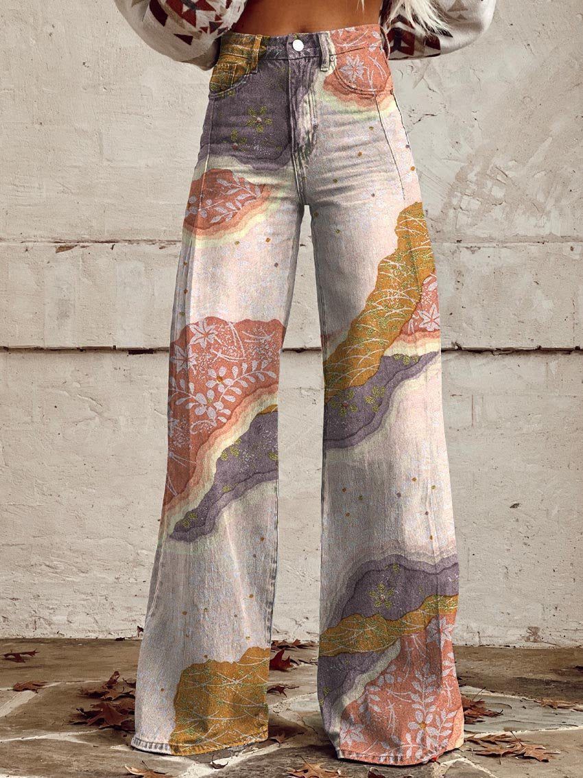 Women's printed flare casual pants by FitiqueFit, mid-waist, full-length, plus size, featuring colorful floral pattern.
