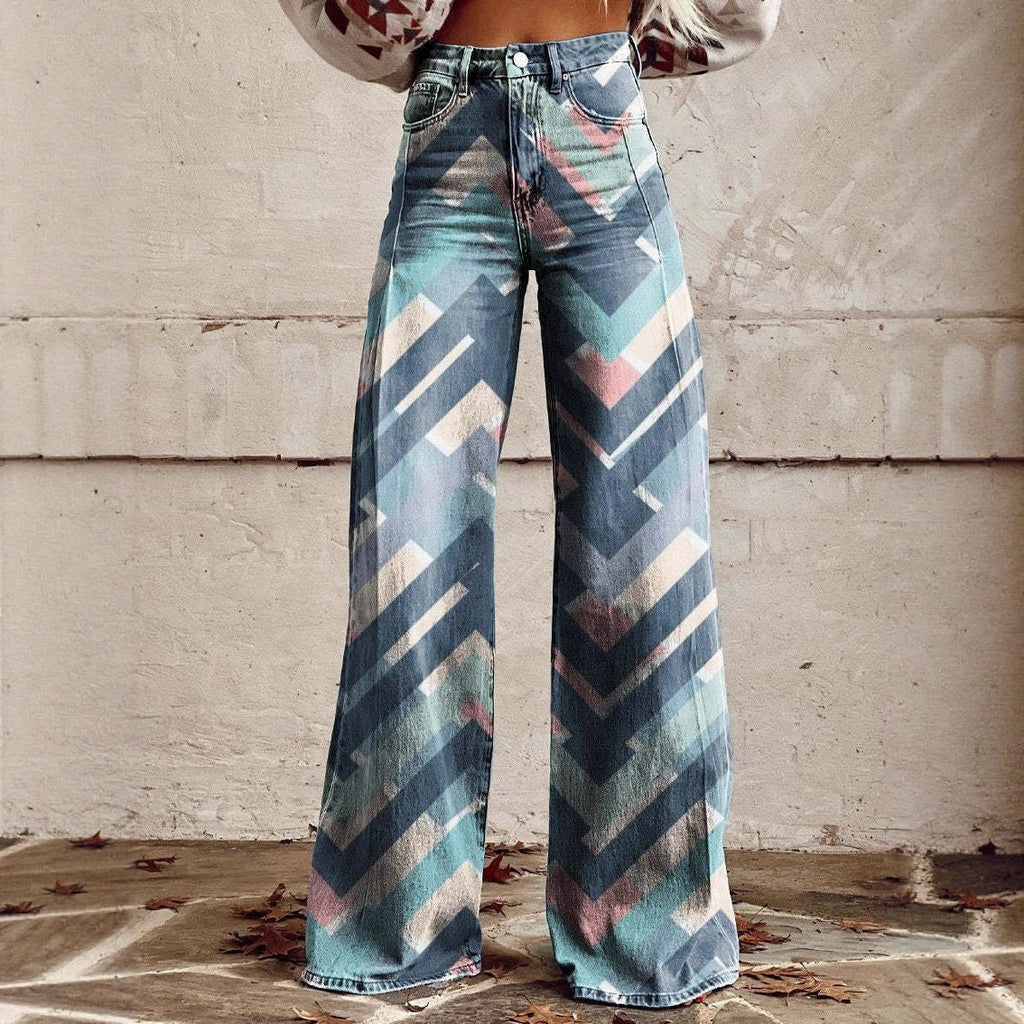Women's printed flare pants by FitiqueFit, mid-waist, full-length casualwear for plus size with vibrant floral pattern.