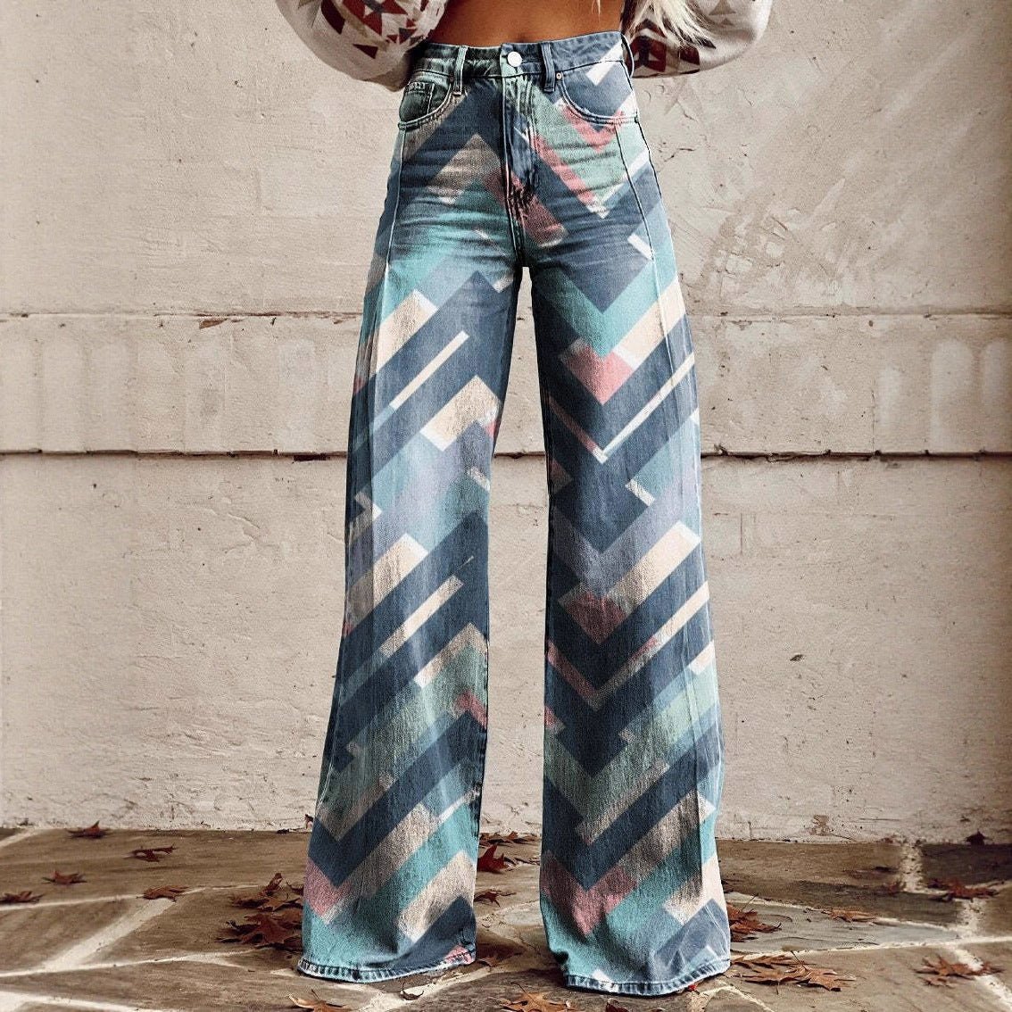 Women's printed flare pants by FitiqueFit, mid-waist, full-length casualwear for plus size with vibrant floral pattern.