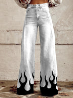 Women's printed flare pants by FitiqueFit, mid-waist, full-length, plus size casualwear with vibrant pattern and comfortable fit.