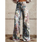 Plus size women's printed flare pants from FitiqueFit, mid-waist, full-length casualwear with vibrant patterns.