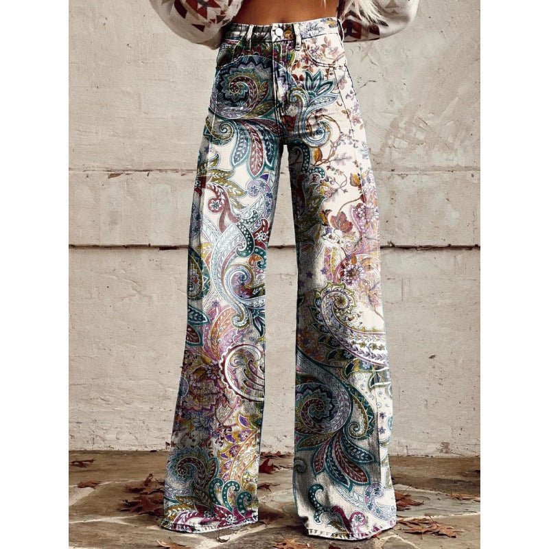 Plus size women's printed flare pants from FitiqueFit, mid-waist, full-length casualwear with vibrant patterns.