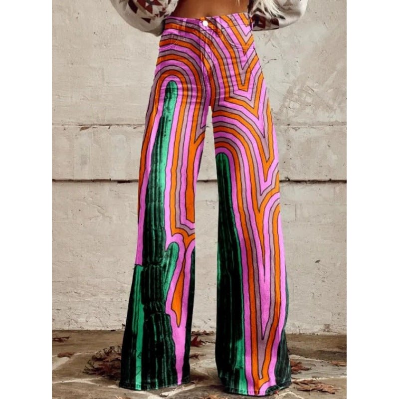 Women’s printed flare pants by FitiqueFit, mid-waist casualwear with full length and plus size fit, featuring colorful floral pattern.
