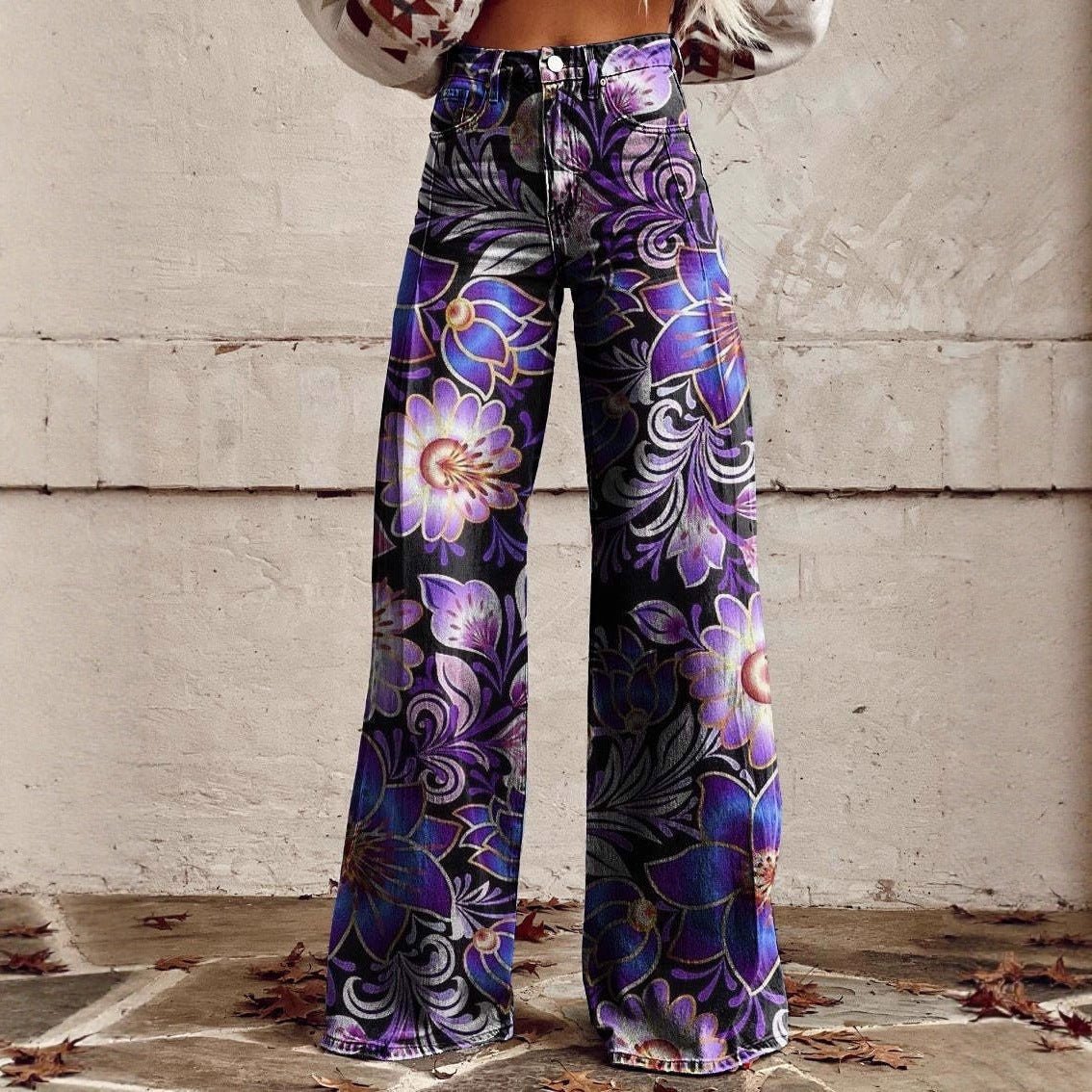 Women’s printed flare pants from FitiqueFit, mid-waist, full-length plus size casualwear with vibrant floral pattern.