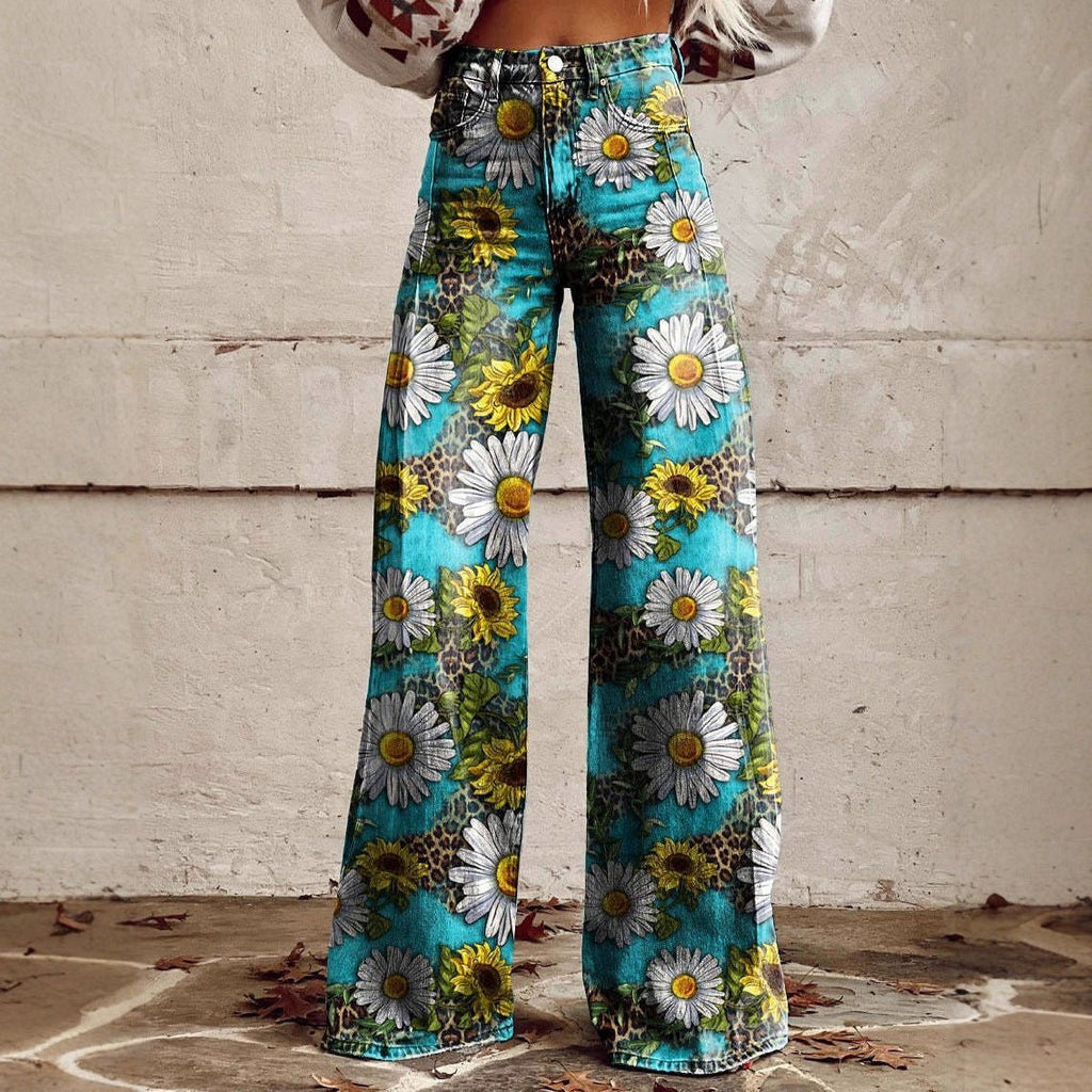Women’s printed flare pants by FitiqueFit, mid-waist casualwear, full-length plus size pants with colorful floral pattern.