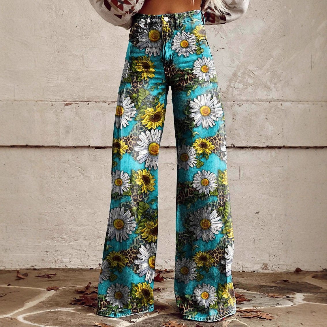 Women’s printed flare pants by FitiqueFit, mid-waist casualwear, full-length plus size pants with colorful floral pattern.