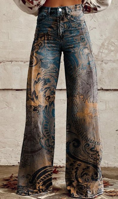 Women's printed flare pants from FitiqueFit, mid-waist casualwear with full-length design, plus size, relaxed fit and vibrant pattern.