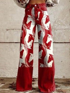 Women’s printed flare pants by FitiqueFit, mid-waist casual full-length plus size pants with colorful floral pattern.
