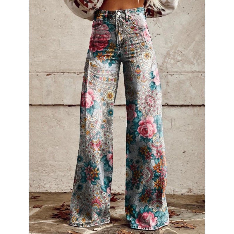 Plus size women's printed flare pants by FitiqueFit featuring mid-waist, full-length casualwear with vibrant pattern design.
