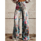 Plus size women's printed flare pants by FitiqueFit featuring mid-waist, full-length casualwear with vibrant pattern design.