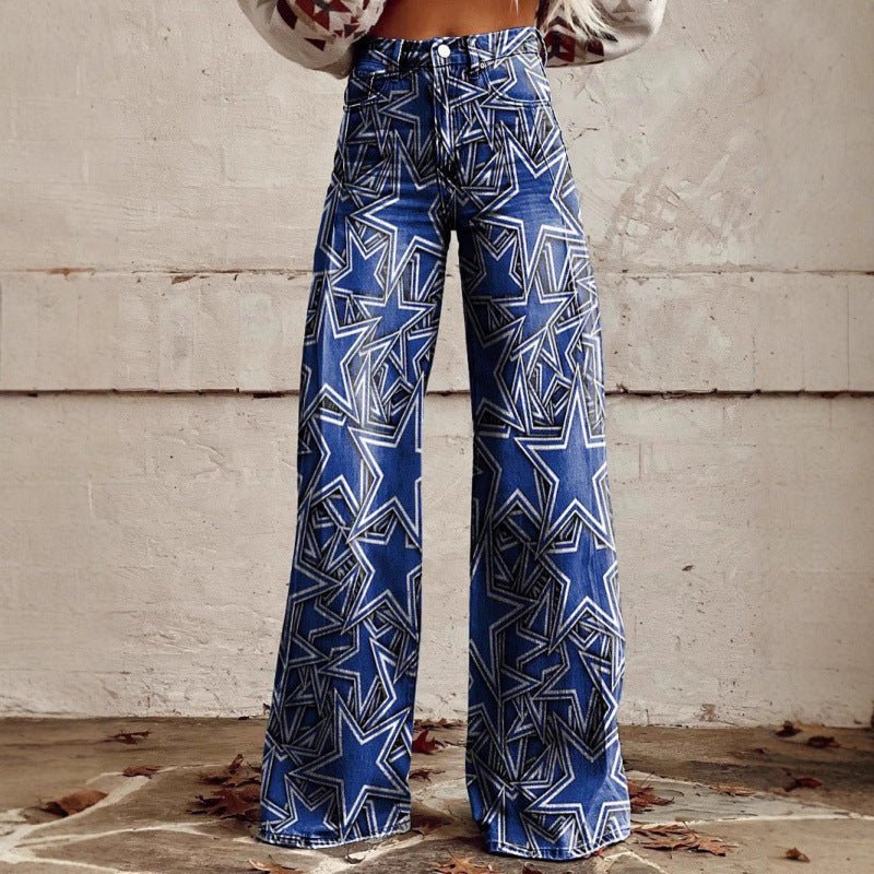 Women's printed flare pants by FitiqueFit, mid-waist, full-length casualwear for plus size with colorful floral pattern.