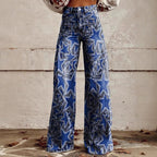 Women's printed flare pants by FitiqueFit, mid-waist, full-length casualwear for plus size with colorful floral pattern.