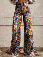 Women's printed flare pants by FitiqueFit, casualwear, mid-waist, full-length, plus size, stylish and comfortable for everyday wear.