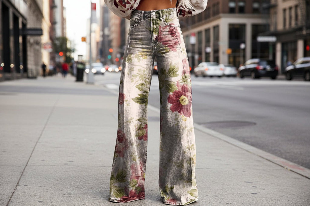 Women's printed flare pants from FitiqueFit, mid-waist casual full-length plus size pants with vibrant pattern detail.