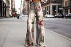 Women's printed flare pants from FitiqueFit, mid-waist casual full-length plus size pants with vibrant pattern detail.