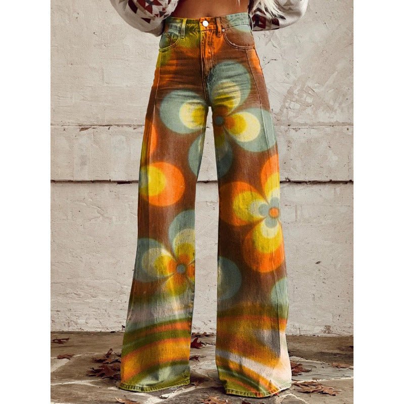 Plus size women's printed flare pants with mid-waist fit and full length, casualwear by FitiqueFit.