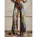 Plus size women's printed flare pants with mid-waist and full length, casualwear by FitiqueFit.