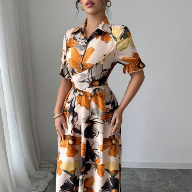 Women’s printed puff sleeve casual dress by FitiqueFit with blouse collar and cross-tie waist, perfect for everyday wear.
