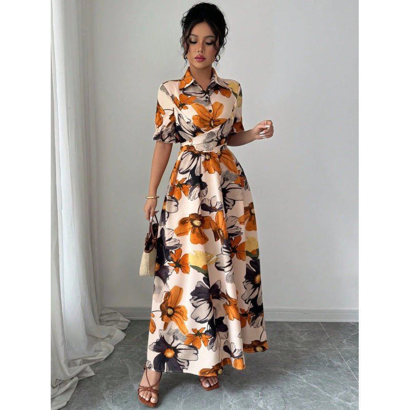 Women’s printed puff sleeve casual dress with blouse collar and cross-tie waist from FitiqueFit, stylish and comfortable for everyday wear.