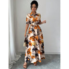 Women’s printed puff sleeve casual dress with blouse collar and cross-tie waist from FitiqueFit, stylish and comfortable for everyday wear.