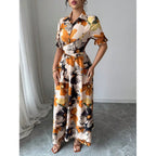 Women's printed puff sleeve casual dress with blouse collar and cross-tie waist, by FitiqueFit, perfect for stylish everyday wear.